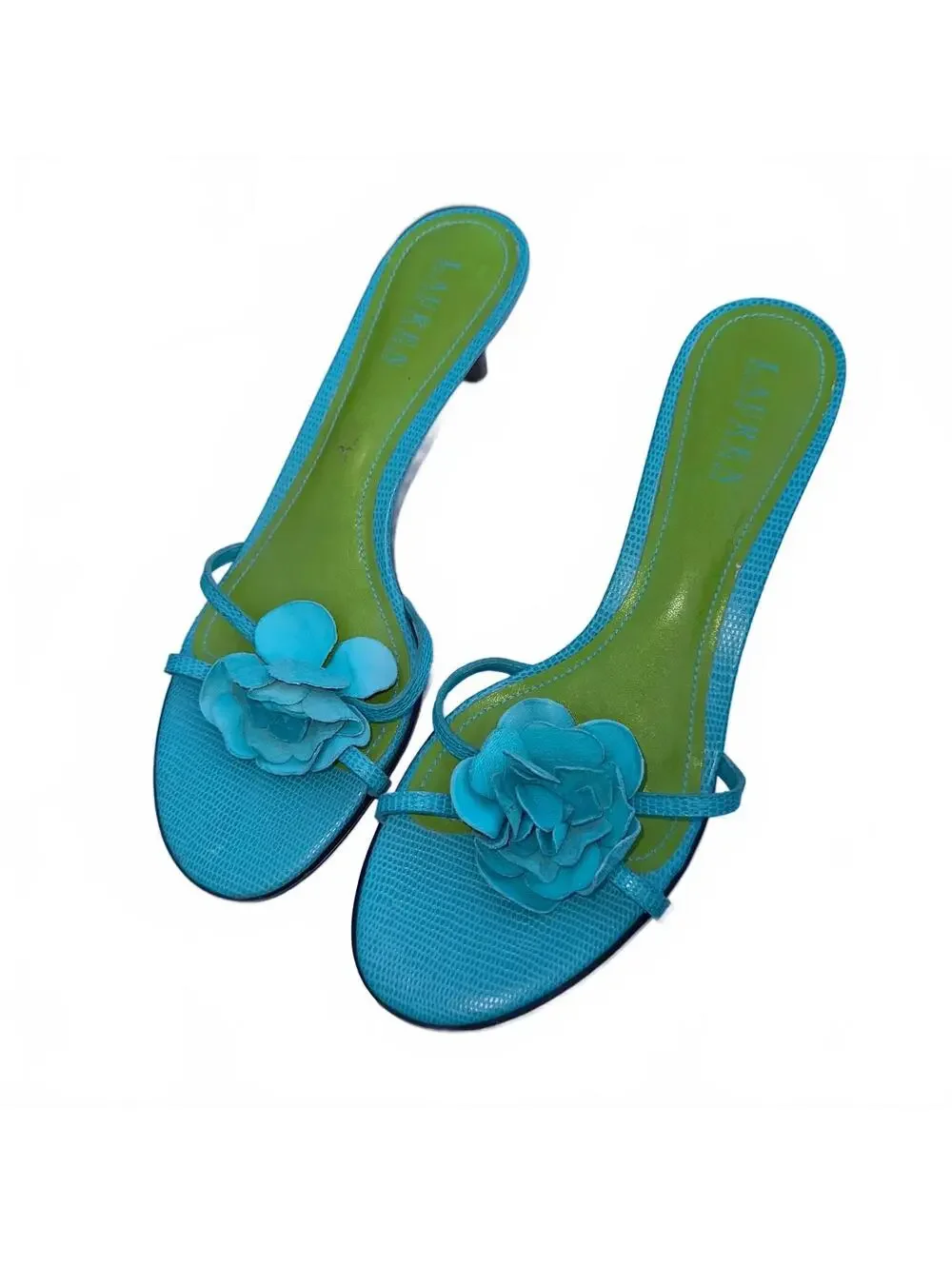 Lauren Ralph Lauren Jasmin 9.5B Blue Floral Applique Kitten Heel Sandals